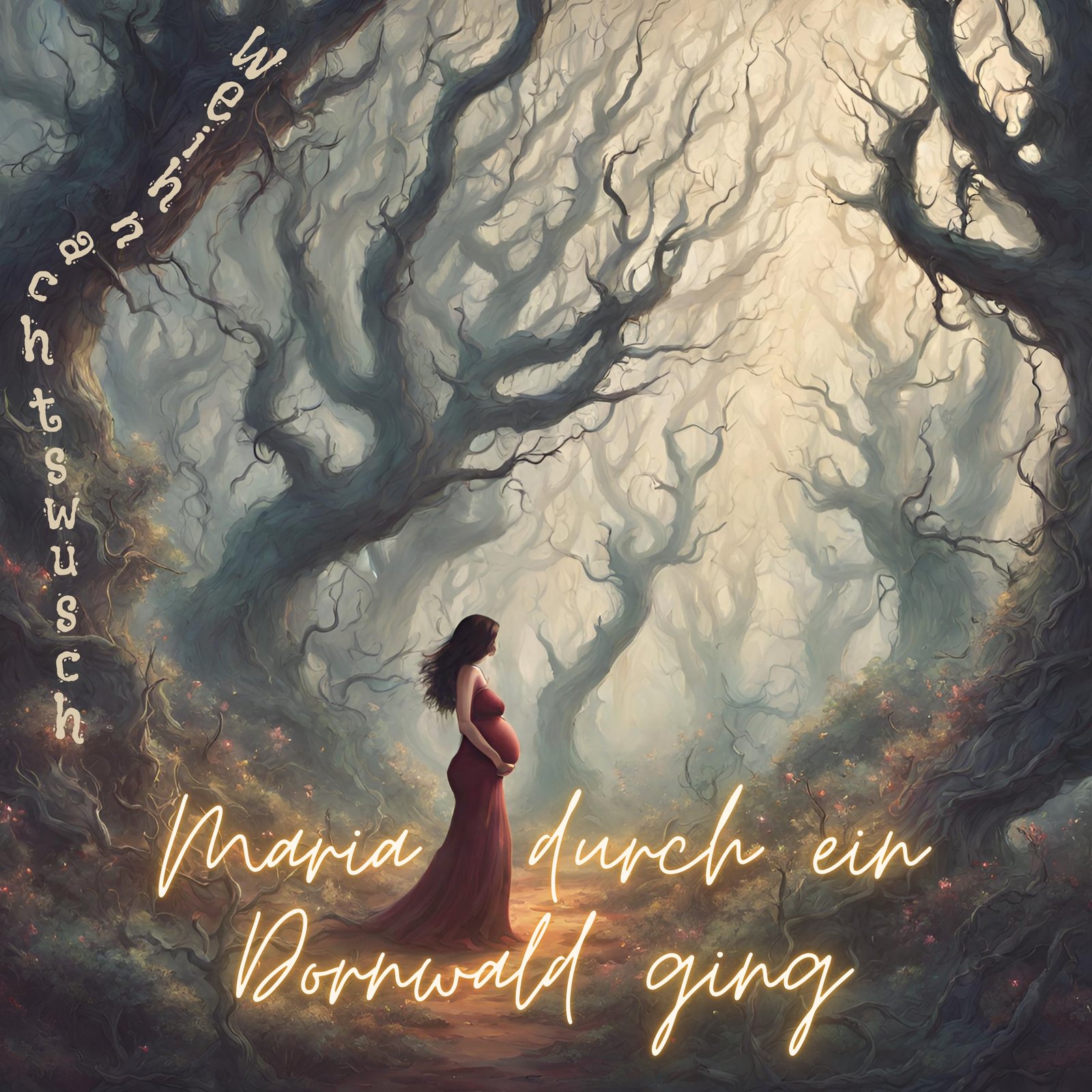 Cover von „Maria durch ein Dornwald ging“: eine schwangere Frau im roten Kleid in einem nebligen Wald aus knorrigen Bäumen.