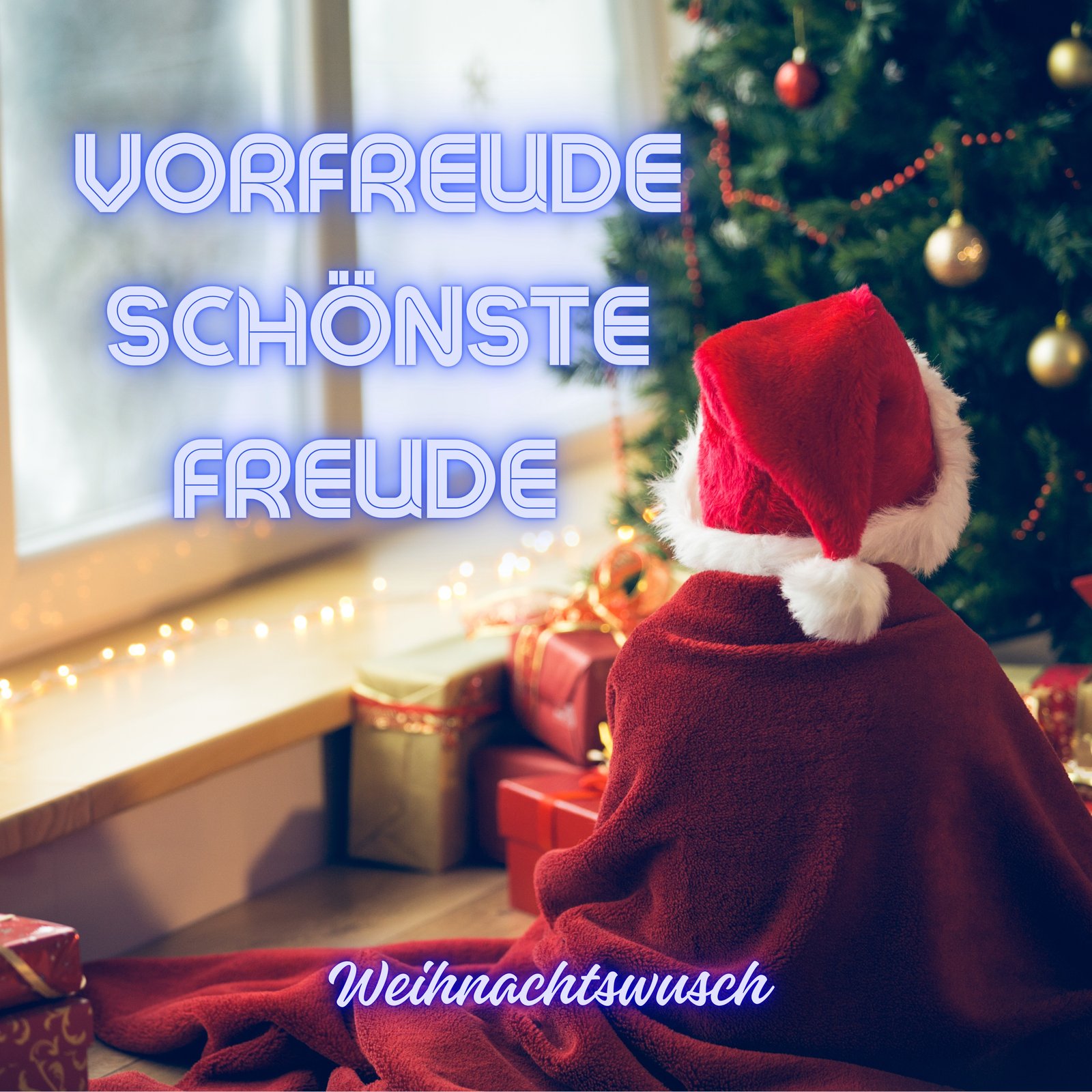 Cover von „Vorfreude, schönste Freude“: ein Kind mit Weihnachtsmütze und roter Decke sitzt vor dem Weihnachtsbaum, von hinten gesehen.