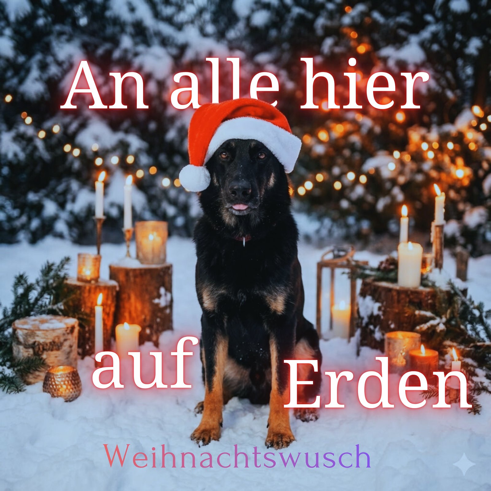 Cover von „An alle hier auf Erden“: Wusch mit Weihnachtsmütze im verschneiten Wald mit Kerzen.